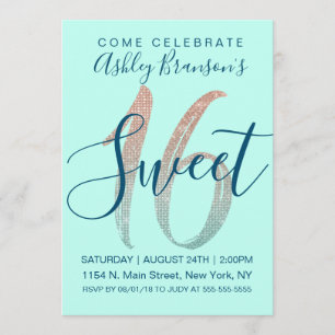 Girly Aqua Blue Rose Gold Sequin Glitzer Sweet 16 Einladung