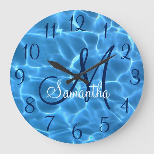 Girly Aqua Blue Schwimmbad Foto Monogram Große Wanduhr (Vorderseite)