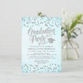 Girly Aqua Blue Silver Glitzer Graduation Party Einladung (Stehend Vorderseite)