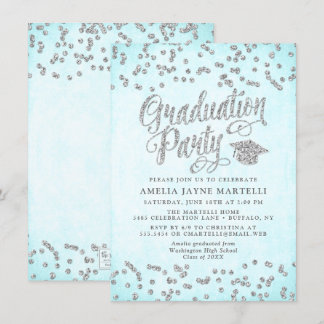 Girly Aqua Blue Silver Glitzer Graduation Party Einladung