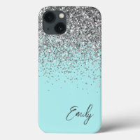Girly Aqua Blue Silver Glitzer Monogram