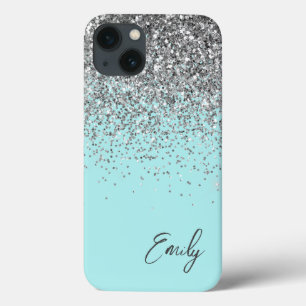 Girly Aqua Blue Silver Glitzer Monogram Case-Mate iPhone Hülle