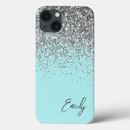 Girly Aqua Blue Silver Glitzer Monogram Case-Mate iPhone Hülle (Rückseite)