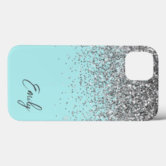 Girly Aqua Blue Silver Glitzer Monogram Case-Mate iPhone Hülle (Rückseite (Horizontal))