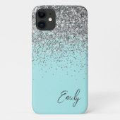 Girly Aqua Blue Silver Glitzer Monogram Case-Mate iPhone Hülle (Rückseite)