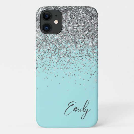 Girly Aqua Blue Silver Glitzer Monogram Case-Mate iPhone Hülle (Rückseite)
