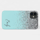 Girly Aqua Blue Silver Glitzer Monogram Case-Mate iPhone Hülle (Rückseite (Horizontal))