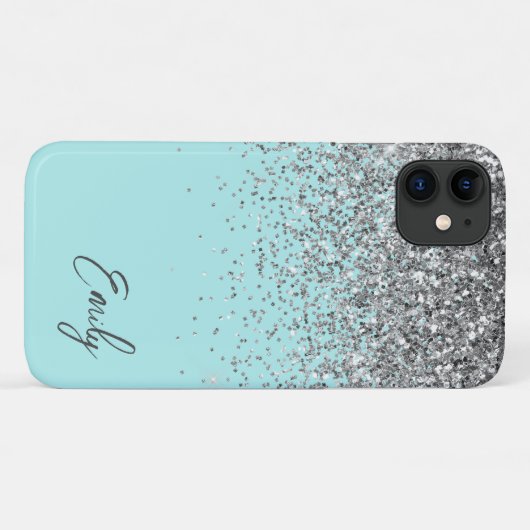 Girly Aqua Blue Silver Glitzer Monogram Case-Mate iPhone Hülle (Rückseite (Horizontal))