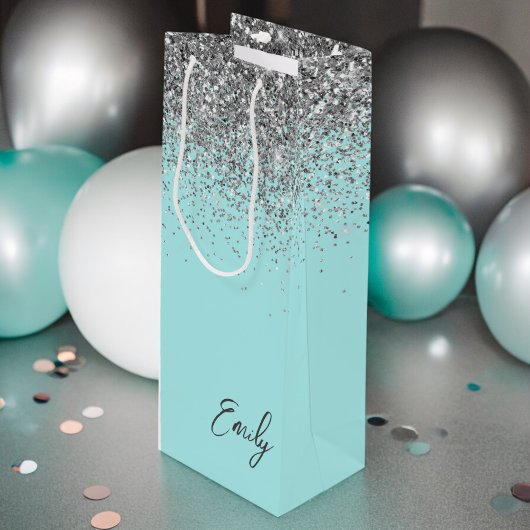 Girly Aqua Blue Silver Glitzer Monogram Geschenktüte Für Weinflaschen