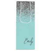 Girly Aqua Blue Silver Glitzer Monogram Geschenktüte Für Weinflaschen (Vorderseite)