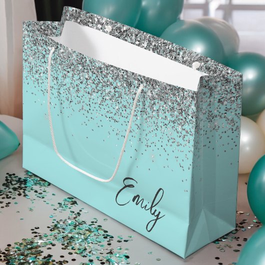 Girly Aqua Blue Silver Glitzer Monogram Große Geschenktüte