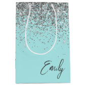 Girly Aqua Blue Silver Glitzer Monogram Mittlere Geschenktüte (Vorderseite)