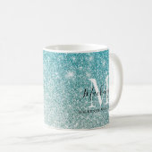 Girly Aqua Blue Silver Ombre Glitzer Monogram Name Kaffeetasse (VorderseiteRechts)