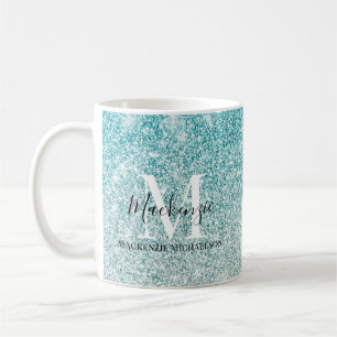 Girly Aqua Blue Silver Ombre Glitzer Monogram Name Kaffeetasse