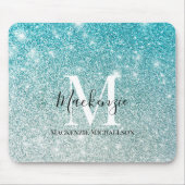 Girly Aqua Blue Silver Ombre Glitzer Monogram Name Mousepad (Vorne)