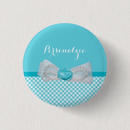 Girly Aqua Gingham Niedlich Pearls Rose Bow mit Na Button (Vorderseite)