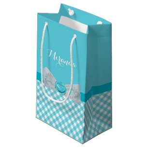 Girly Aqua Gingham Niedlich Pearls Rose Bow mit Na Kleine Geschenktüte
