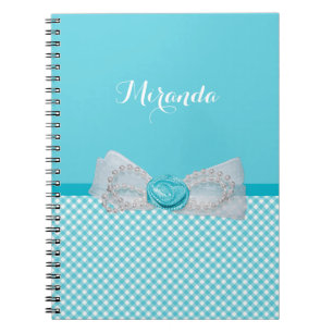 Girly Aqua Gingham Niedlich Pearls Rose Bow mit Na Notizblock