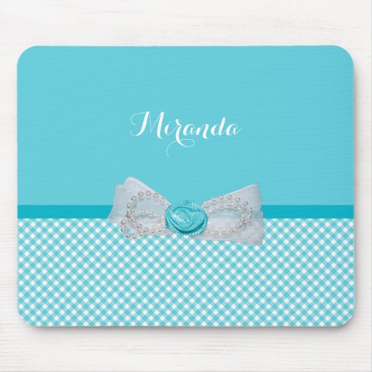 Girly Aqua-Gingham-niedlicher Perlen-Rosen-Bogen Mousepad (Vorne)
