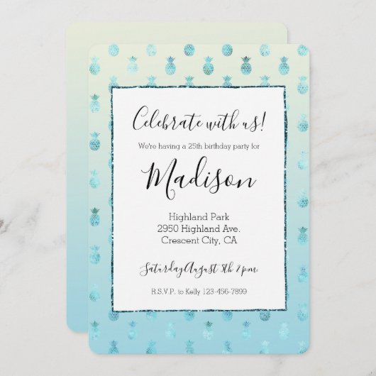 Girly Aqua Glam Tropical Pineapples Ombre Einladung (Vorne/Hinten)