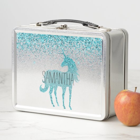 Girly Aqua Glitzer Unicorn Metall Brotdose (Beispiel)