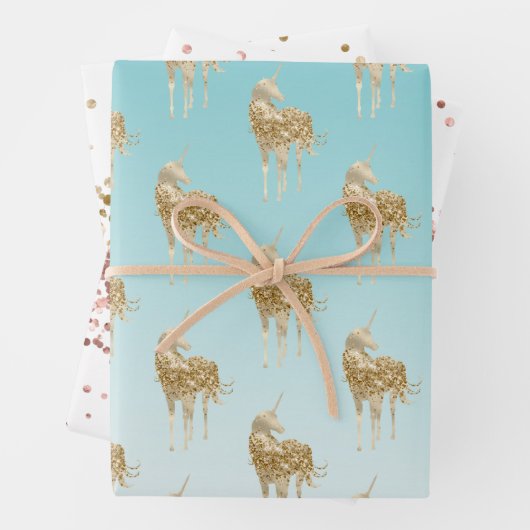 Girly Aqua Gold Confetti Glitzer Unicorn Geschenkpapier Set (Beispiel)