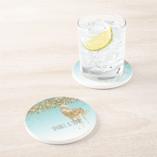 Girly Aqua Gold Confetti Glitzer Unicorn Getränkeuntersetzer (Seite)