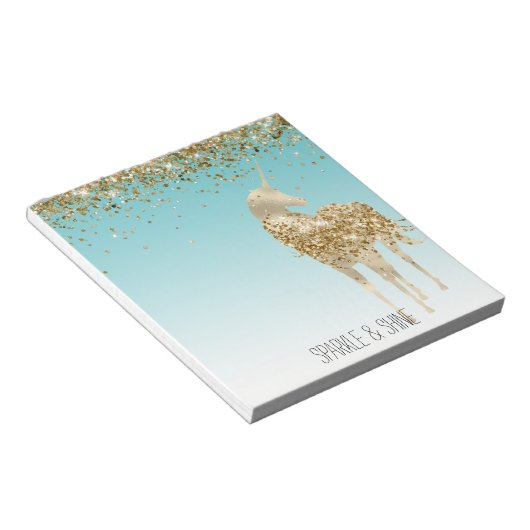 Girly Aqua Gold Confetti Glitzer Unicorn Notizblock (angewinkelt)