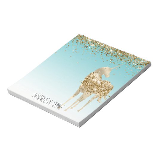 Girly Aqua Gold Confetti Glitzer Unicorn Notizblock (Rotiert)