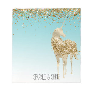 Girly Aqua Gold Confetti Glitzer Unicorn Notizblock