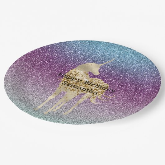 Girly Aqua Lila Mint Pink Glitzer ombre Unicorn Pappteller (Schrägansicht)
