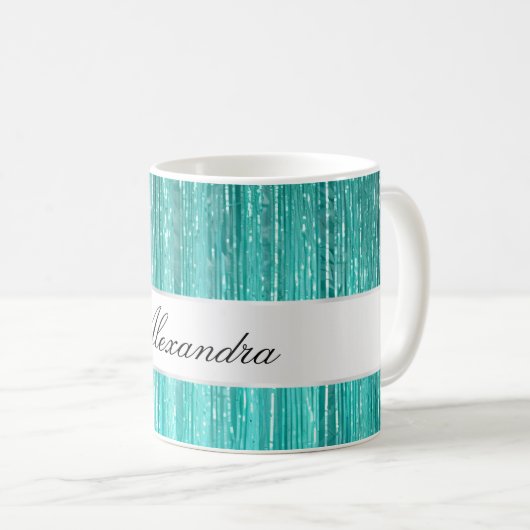 Girly Aqua Mint Glam Glitzy Tinsel Streifen Kaffeetasse (VorderseiteRechts)