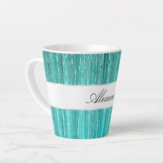 Girly Aqua Mint Glam Glitzy Tinsel Streifen Milchtasse (Linke Ecke)