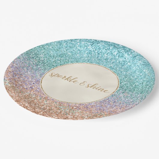 Girly Aqua Peach Gold Lila Minze Meerjungfrau Glit Pappteller (Schrägansicht)