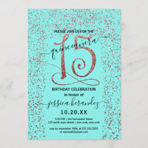 Girly Aqua Rose Gold Confetti Border Quinceañera Einladung