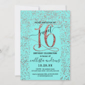 Girly Aqua Rose Gold Confetti Border Sweet 16 Einladung (Vorderseite)