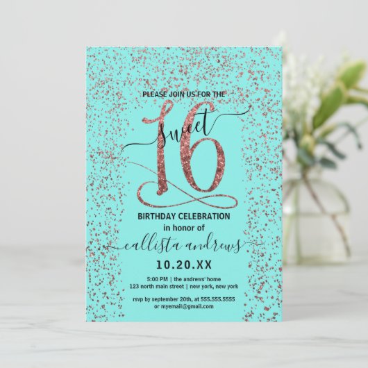 Girly Aqua Rose Gold Confetti Border Sweet 16 Einladung (Stehend Vorderseite)