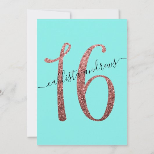 Girly Aqua Rose Gold Confetti Border Sweet 16 Einladung (Rückseite)