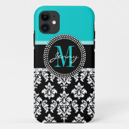 Girly Aqua-Schwarz-Damast Ihr Monogramm-Name Case-Mate iPhone Hülle