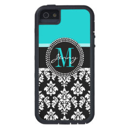 Girly Aqua-Schwarz-Damast Ihr Monogramm-Name Case-Mate iPhone Hülle