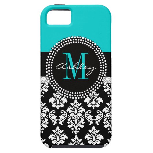 Girly Aqua-Schwarz-Damast Ihr Monogramm-Name Case-Mate iPhone Hülle (Rückseite)