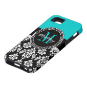 Girly Aqua-Schwarz-Damast Ihr Monogramm-Name Case-Mate iPhone Hülle (unten)
