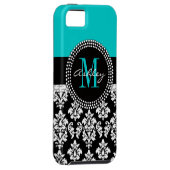 Girly Aqua-Schwarz-Damast Ihr Monogramm-Name Case-Mate iPhone Hülle (Rückseite/rechts)
