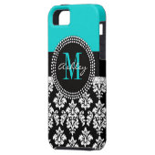 Girly Aqua-Schwarz-Damast Ihr Monogramm-Name Case-Mate iPhone Hülle (Rückseite Links)