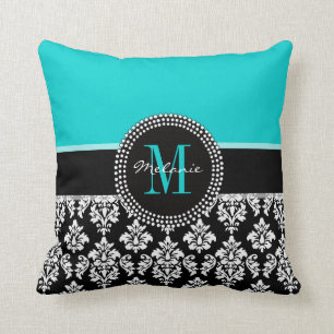 Girly Aqua Schwarz Damast Ihr Monogramm Name Kisse Kissen