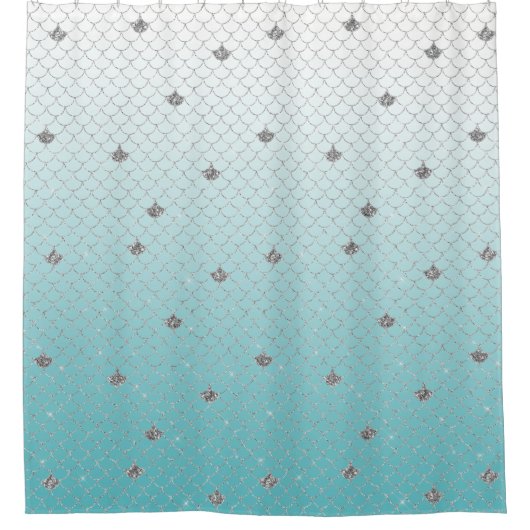 Girly Aqua Silver Glitzer Ombre Sparkle Mermaid Duschvorhang (Vorderseite)