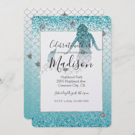 Girly Aqua Silver Glitzer Ombre Sparkle Mermaid Einladung (Vorne/Hinten)