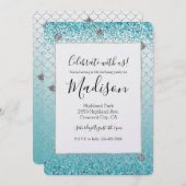 Girly Aqua Silver Glitzer Sparkle Meerjungfrau Einladung (Vorne/Hinten)