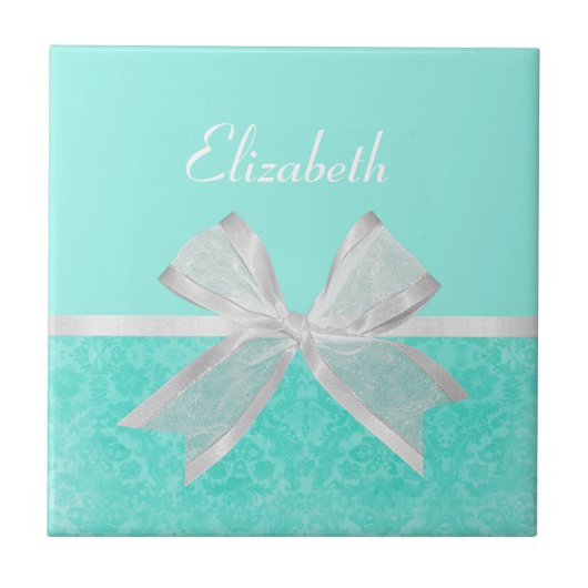 Girly Aqua Türkis Damask White Ribbon mit Namen Fliese (Vorderseite)