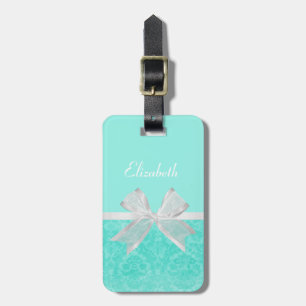 Girly Aqua Türkis Damask White Ribbon mit Namen Gepäckanhänger